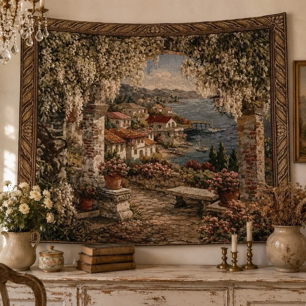 Mediterranean Renaissance Tapestry 51x52 Wall Art Hanging Garden Italian Villa